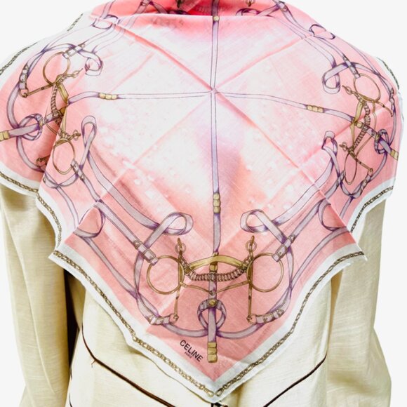 Unused Celine Paris Mini Scarf/Handkerchief Cotton 18" Pink White Gold chain(62 - Picture 1 of 6